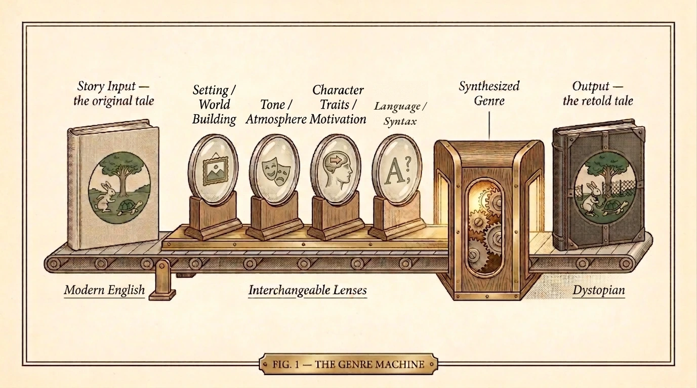Fig. 1, The Genre Machine: an original tale passes through four lenses — Tone/Atmosphere, Setting/World Building, Character Traits/Motivation, Language/Syntax — into a synthesized genre and out as the retold tale.